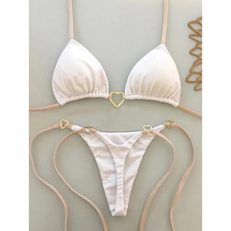 OIINAA Bathing Suit Women Sexy Solid Swimsuit Heart Metal Ring Bikini Set Drawstring Two-piece Beach Wear Lace Up Split Biquinis