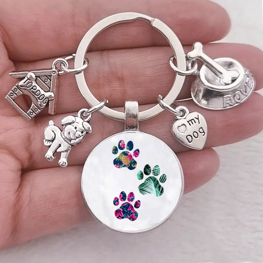 Cute Pet Dog Keychain Paw Dog Glass Cabochon KeyRing Top dog house Charms Keychains I Love my dog pendant keychain Gifts