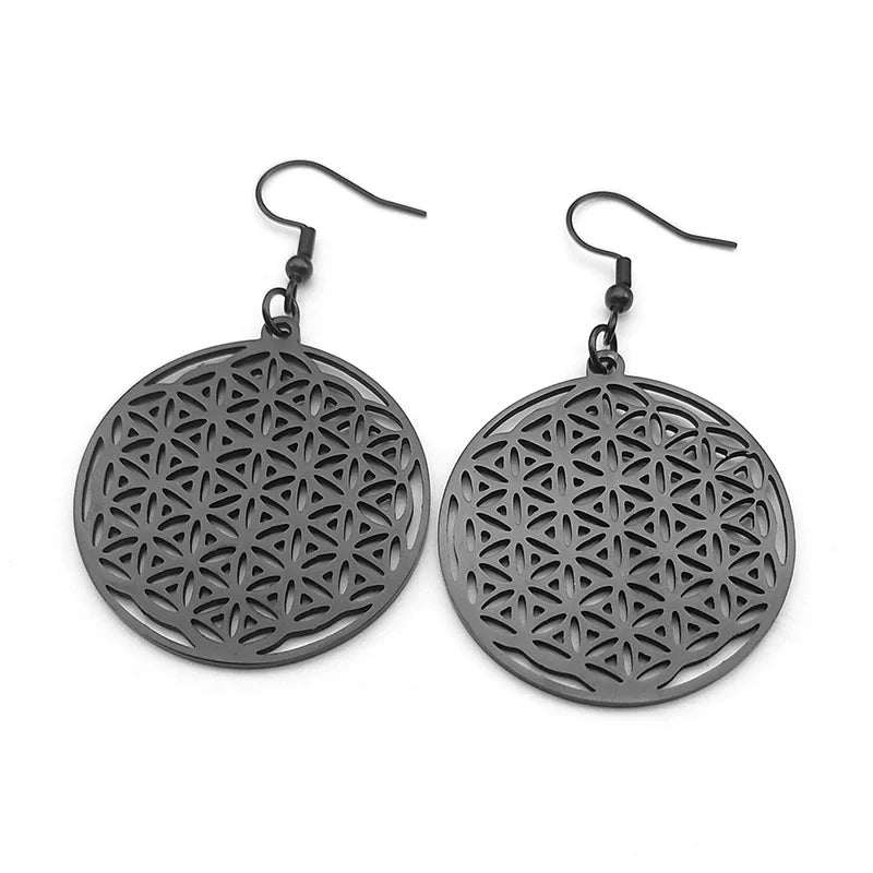 Flower of Life Stainless Steel Mandala Metatron Hoop Earrings for Women Sacred Round Long Black Dangle Earrings Jewerly  E450