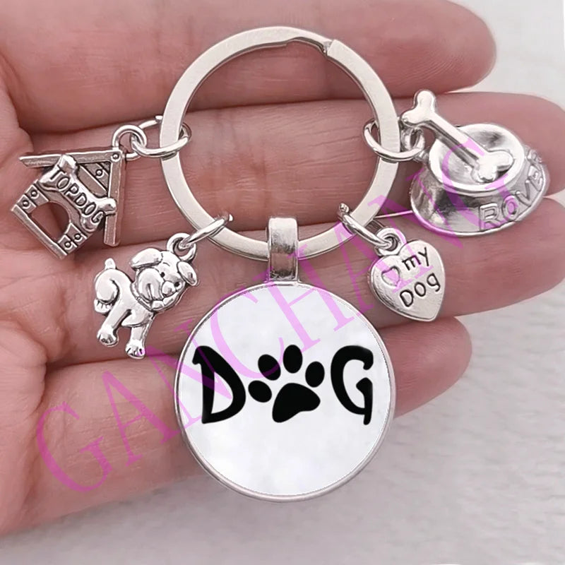 Cute Pet Dog Keychain Paw Dog Glass Cabochon KeyRing Top dog house Charms Keychains I Love my dog pendant keychain Gifts