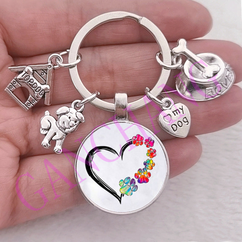 Cute Pet Dog Keychain Paw Dog Glass Cabochon KeyRing Top dog house Charms Keychains I Love my dog pendant keychain Gifts