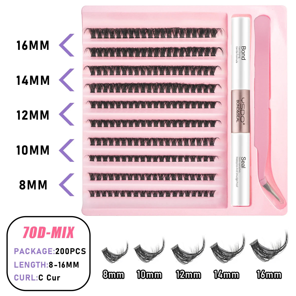 Individual Lashes C/D Curl DIY False Eyelashes Makeup Lash Clusters Set Eyelash Extension Kit Lashes Bond and Seal Make Up Tool