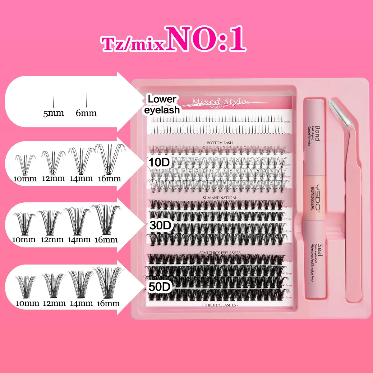 Individual Lashes C/D Curl DIY False Eyelashes Makeup Lash Clusters Set Eyelash Extension Kit Lashes Bond and Seal Make Up Tool