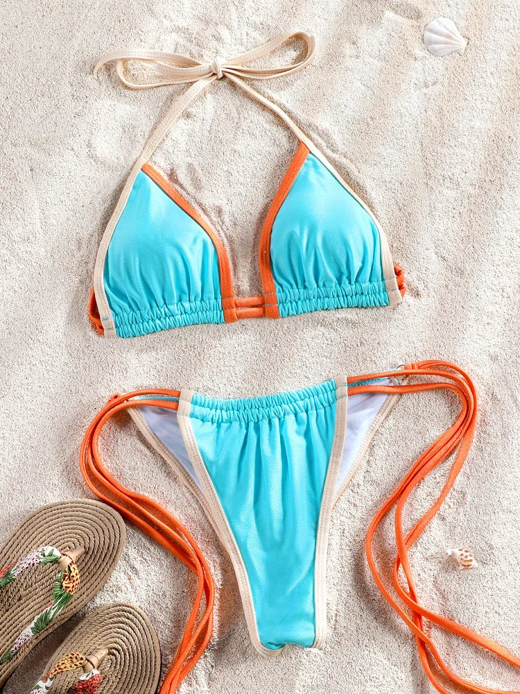 Mini Bowknot Bikinis Set for Women Patchwork Swimsuit Summer Beach Wear brown Thong Swimwear Swimming Bathing Suit 2024