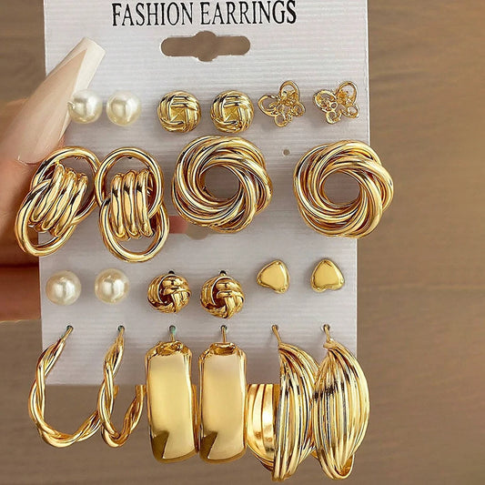 12 Piece Set Women Fashion Personality Versatile Simple Retro Gold Butterfly Love Heart Earrings Inlaid Pearl Earrings