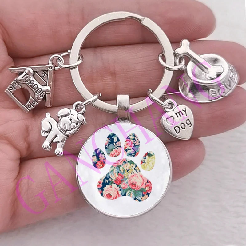 Cute Pet Dog Keychain Paw Dog Glass Cabochon KeyRing Top dog house Charms Keychains I Love my dog pendant keychain Gifts