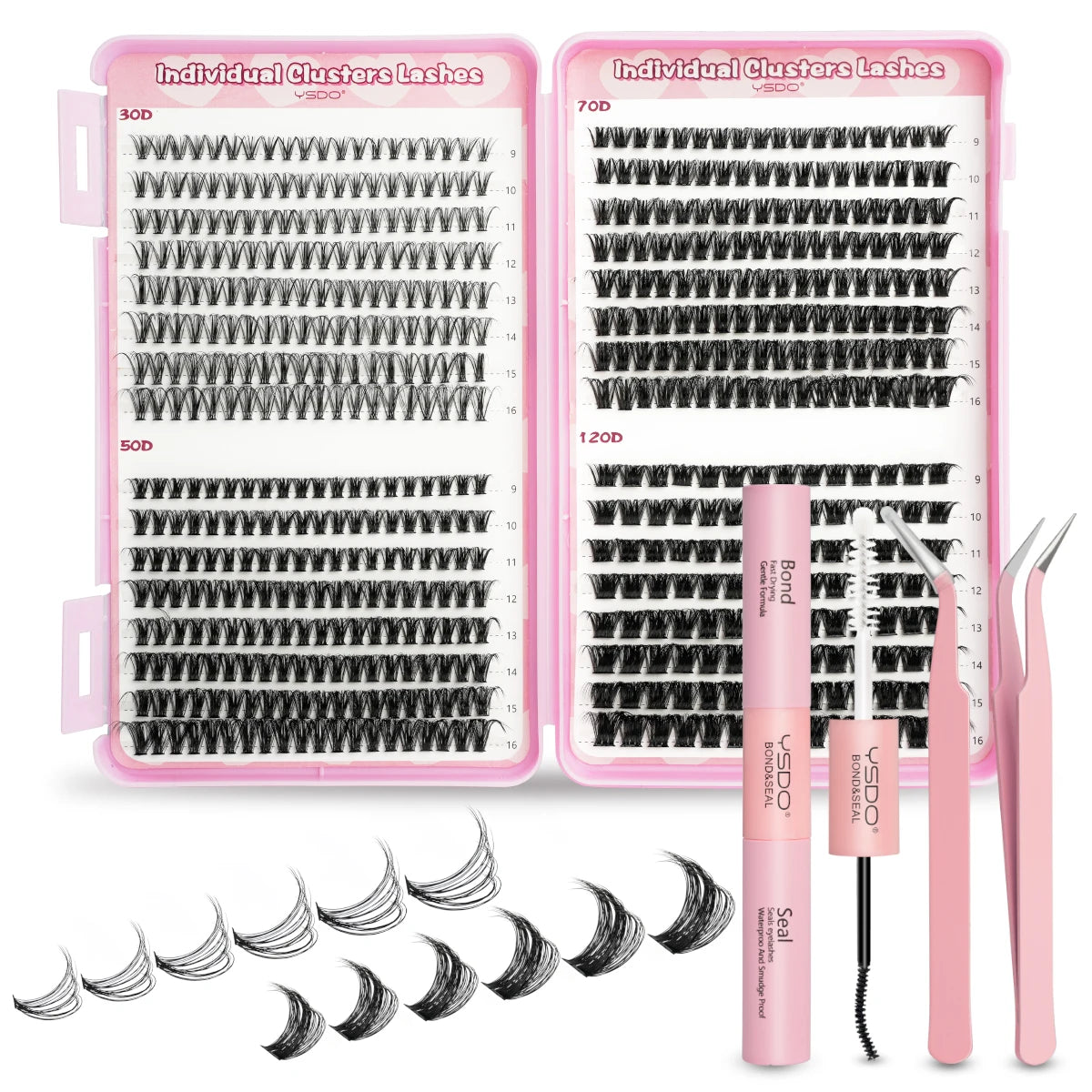 Individual Lashes C/D Curl DIY False Eyelashes Makeup Lash Clusters Set Eyelash Extension Kit Lashes Bond and Seal Make Up Tool