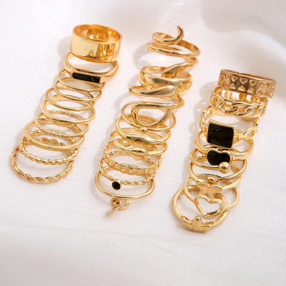 Maximum 27PCS Vintage Heart Snake Butterfly Rings Set for Women Metal Gold Plated Geometric Hollow Finger Ring Jewelry Gift New