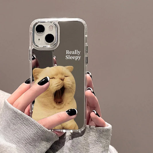 Cute Cat Pattern Mirror Phone Case For iPhone 14 Pro Max 16 15 12 13 11 XR XS Max Case Make up Mirror Hard Back Cover Bumper Bag