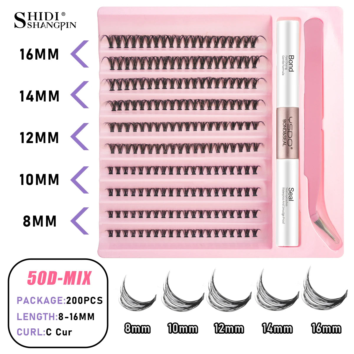 Individual Lashes C/D Curl DIY False Eyelashes Makeup Lash Clusters Set Eyelash Extension Kit Lashes Bond and Seal Make Up Tool