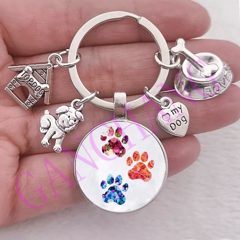 Cute Pet Dog Keychain Paw Dog Glass Cabochon KeyRing Top dog house Charms Keychains I Love my dog pendant keychain Gifts