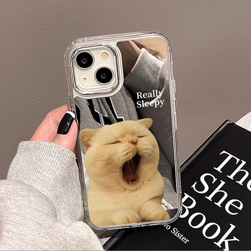 Cute Cat Pattern Mirror Phone Case For iPhone 14 Pro Max 16 15 12 13 11 XR XS Max Case Make up Mirror Hard Back Cover Bumper Bag