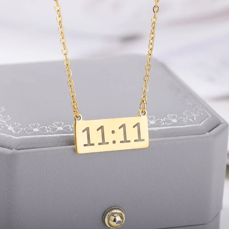 11:11 Rectangle Pendant Necklace for Women Chain Lucky Meaningful Angel Number 1111 Choker Stainless Steel Jewerly Collares