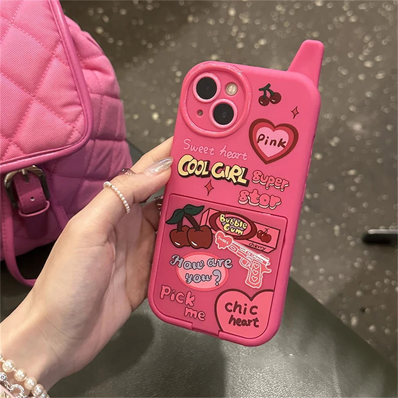 Ins Korean Retro Y2k Cherry Heart 3D Pink Make Up Mirror Case For iPhone 16 15 14 13 12 11 Pro Max Plain Shockproof Soft Cover