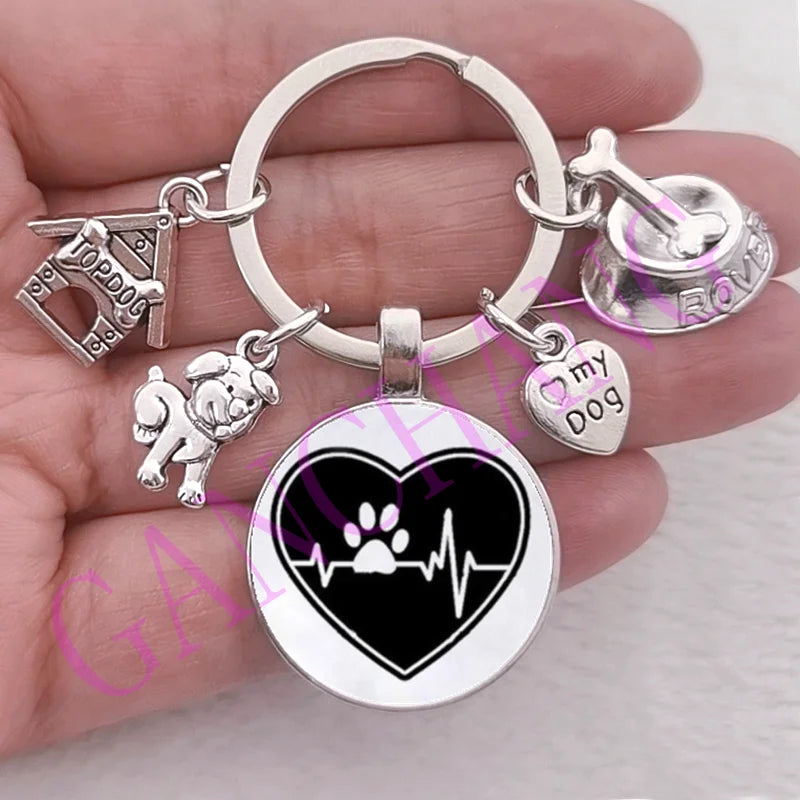 Cute Pet Dog Keychain Paw Dog Glass Cabochon KeyRing Top dog house Charms Keychains I Love my dog pendant keychain Gifts