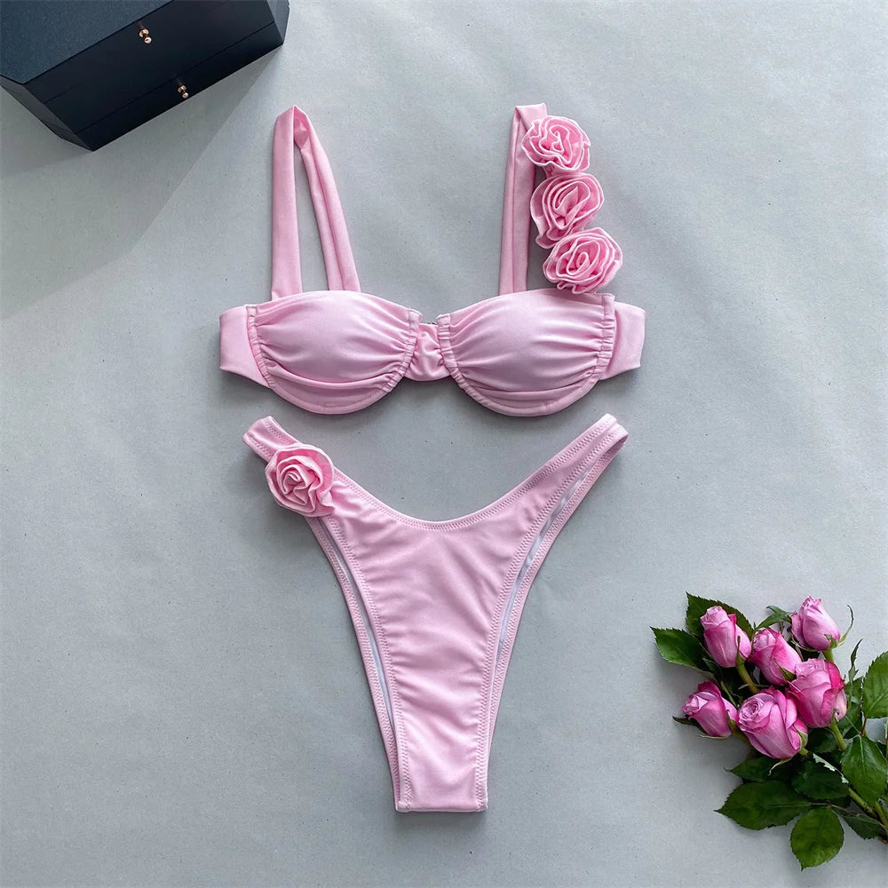 Para Praia 2024 Sexy Swimwear 3D Flower Pleated Bandeau Bikini Set Women Swimsuit Brazilian Biquini Floral Bathing Suit
