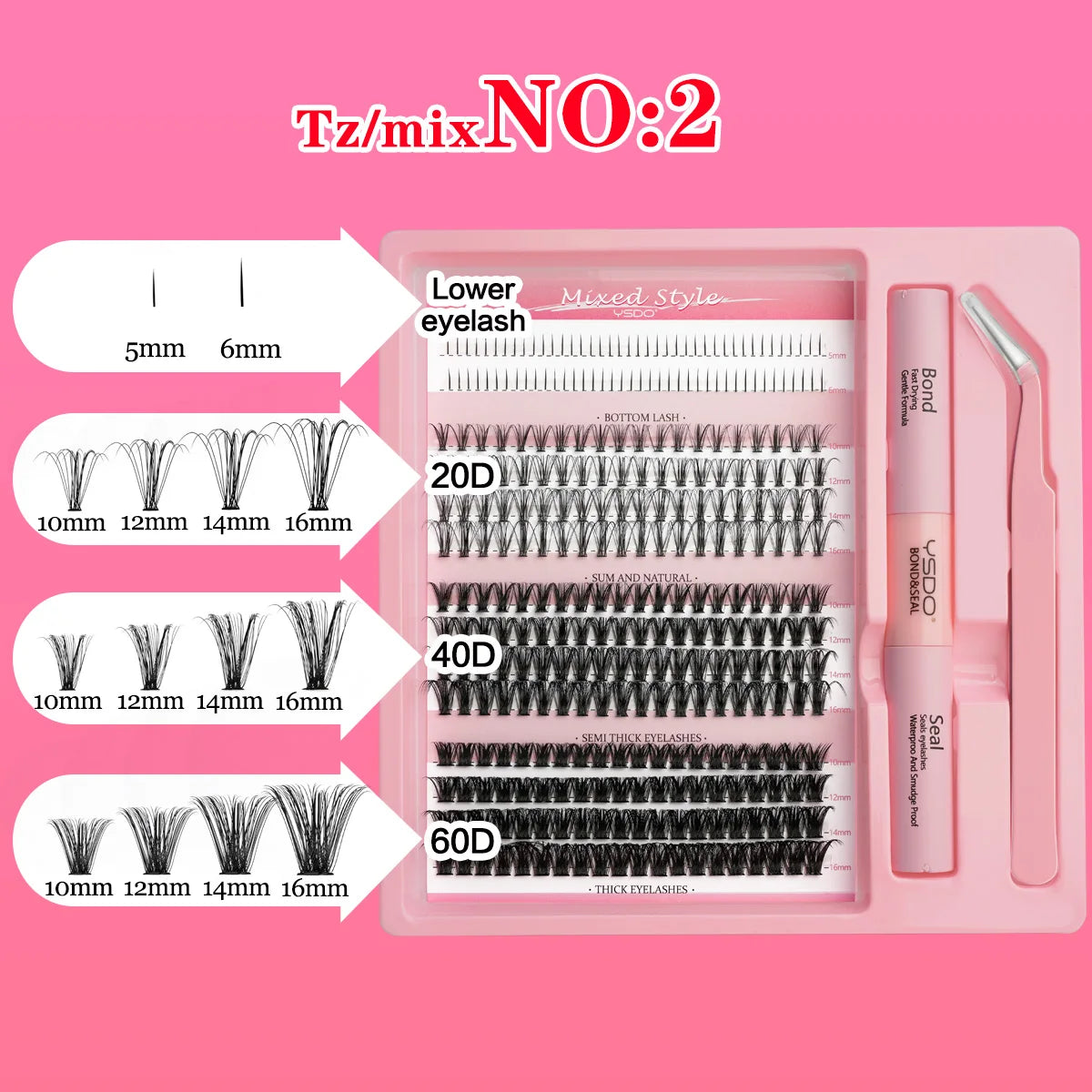 Individual Lashes C/D Curl DIY False Eyelashes Makeup Lash Clusters Set Eyelash Extension Kit Lashes Bond and Seal Make Up Tool