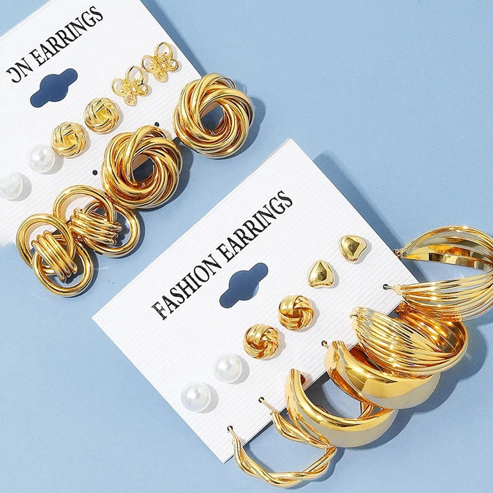 12 Piece Set Women Fashion Personality Versatile Simple Retro Gold Butterfly Love Heart Earrings Inlaid Pearl Earrings