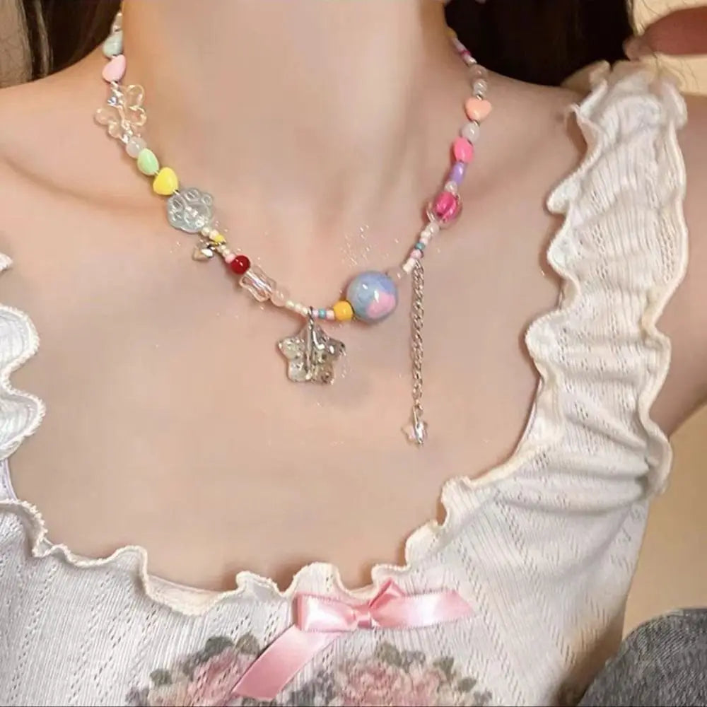 Korean Exquisite Retro Flower Love Heart Beaded Necklace For Women Personality Simple Cool Clavicle Chain Fashion Y2K Jewelry
