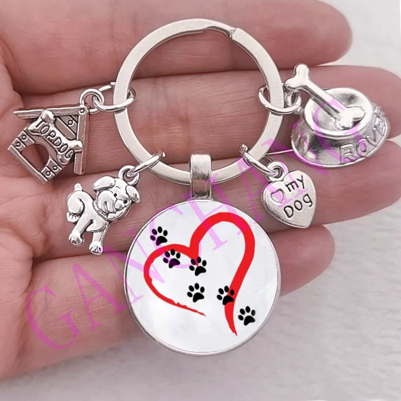 Cute Pet Dog Keychain Paw Dog Glass Cabochon KeyRing Top dog house Charms Keychains I Love my dog pendant keychain Gifts