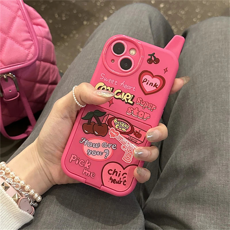 Ins Korean Retro Y2k Cherry Heart 3D Pink Make Up Mirror Case For iPhone 16 15 14 13 12 11 Pro Max Plain Shockproof Soft Cover