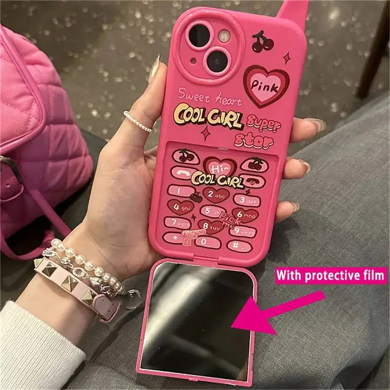 Ins Korean Retro Y2k Cherry Heart 3D Pink Make Up Mirror Case For iPhone 16 15 14 13 12 11 Pro Max Plain Shockproof Soft Cover