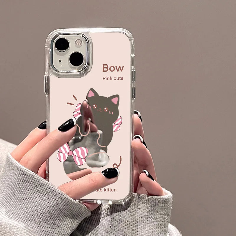 Cute Cat Pattern Mirror Phone Case For iPhone 14 Pro Max 16 15 12 13 11 XR XS Max Case Make up Mirror Hard Back Cover Bumper Bag