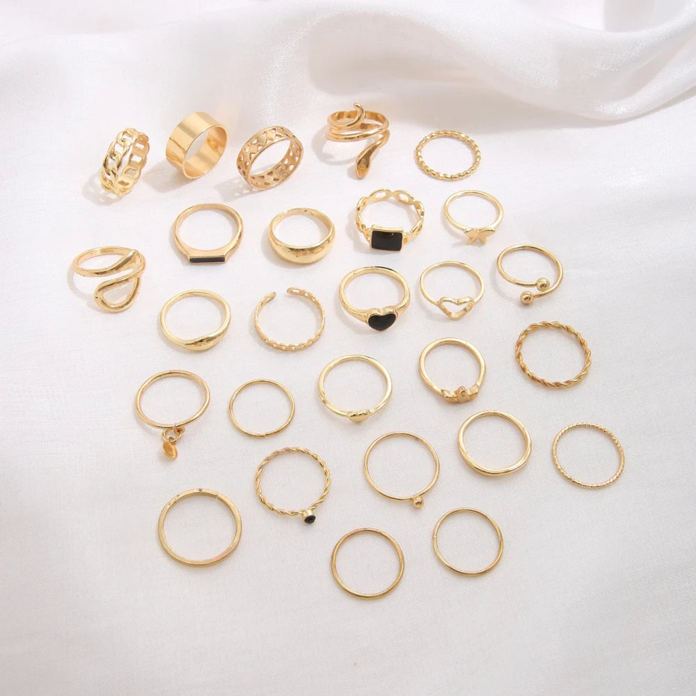Maximum 27PCS Vintage Heart Snake Butterfly Rings Set for Women Metal Gold Plated Geometric Hollow Finger Ring Jewelry Gift New