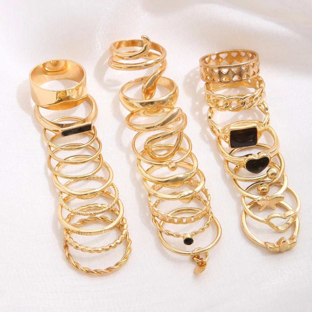 Maximum 27PCS Vintage Heart Snake Butterfly Rings Set for Women Metal Gold Plated Geometric Hollow Finger Ring Jewelry Gift New
