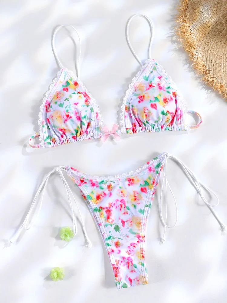 Mini Bowknot Bikinis Set for Women Patchwork Swimsuit Summer Beach Wear brown Thong Swimwear Swimming Bathing Suit 2024