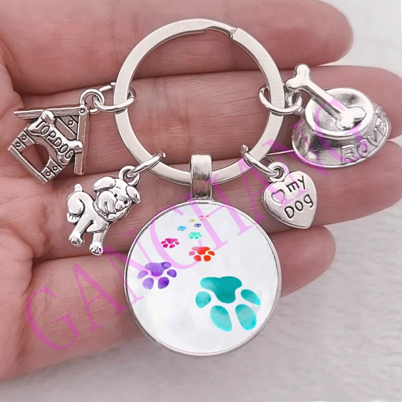 Cute Pet Dog Keychain Paw Dog Glass Cabochon KeyRing Top dog house Charms Keychains I Love my dog pendant keychain Gifts