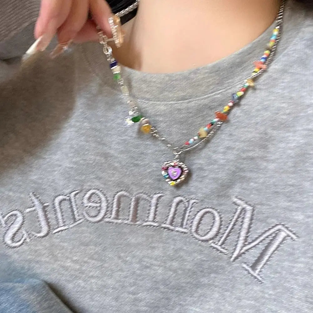 Korean Exquisite Retro Flower Love Heart Beaded Necklace For Women Personality Simple Cool Clavicle Chain Fashion Y2K Jewelry