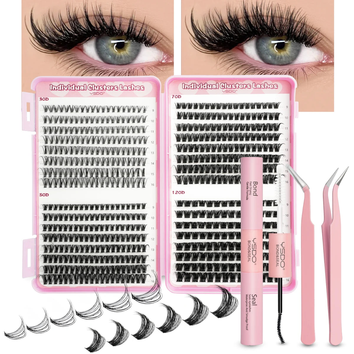 Individual Lashes C/D Curl DIY False Eyelashes Makeup Lash Clusters Set Eyelash Extension Kit Lashes Bond and Seal Make Up Tool