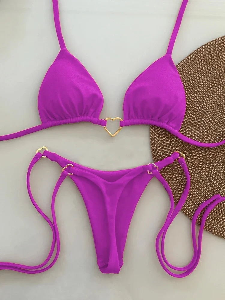 OIINAA Bathing Suit Women Sexy Solid Swimsuit Heart Metal Ring Bikini Set Drawstring Two-piece Beach Wear Lace Up Split Biquinis