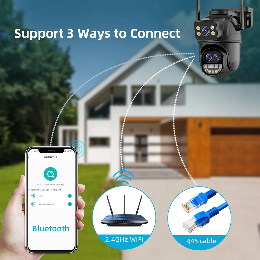 9MP 5K HD WiFi IP Camera Outdoor 8x Zoom Three Lens Dual Screen PTZ Camera Auto Tracking Home Security CCTV Surveillance 4MP Cam
