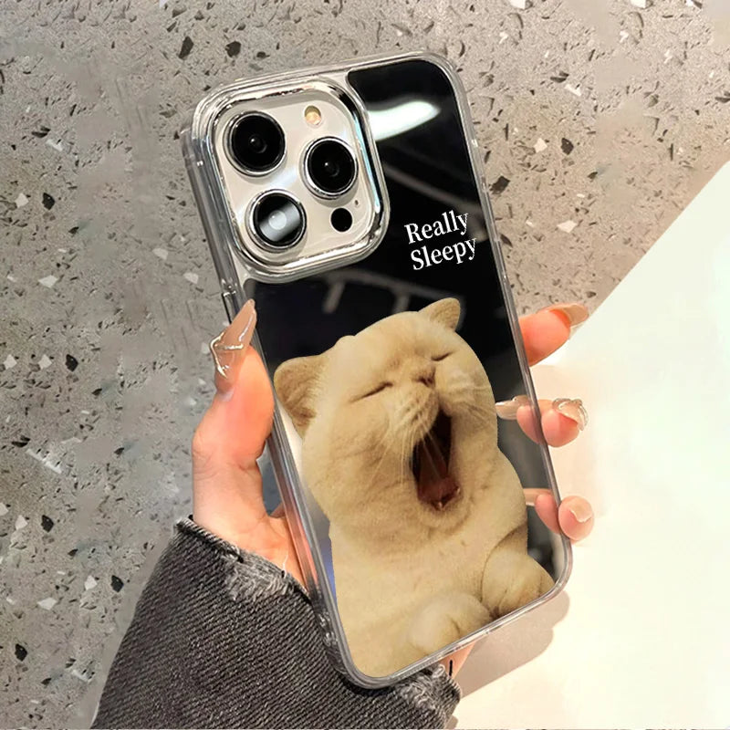 Cute Cat Pattern Mirror Phone Case For iPhone 14 Pro Max 16 15 12 13 11 XR XS Max Case Make up Mirror Hard Back Cover Bumper Bag
