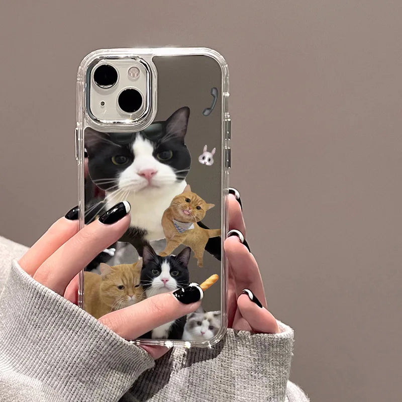 Cute Cat Pattern Mirror Phone Case For iPhone 14 Pro Max 16 15 12 13 11 XR XS Max Case Make up Mirror Hard Back Cover Bumper Bag