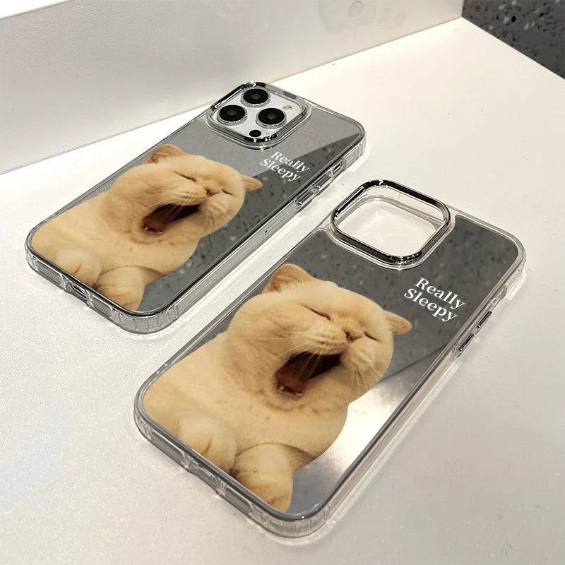 Cute Cat Pattern Mirror Phone Case For iPhone 14 Pro Max 16 15 12 13 11 XR XS Max Case Make up Mirror Hard Back Cover Bumper Bag