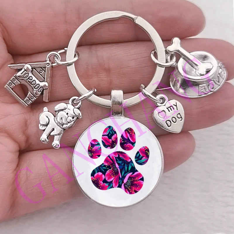 Cute Pet Dog Keychain Paw Dog Glass Cabochon KeyRing Top dog house Charms Keychains I Love my dog pendant keychain Gifts