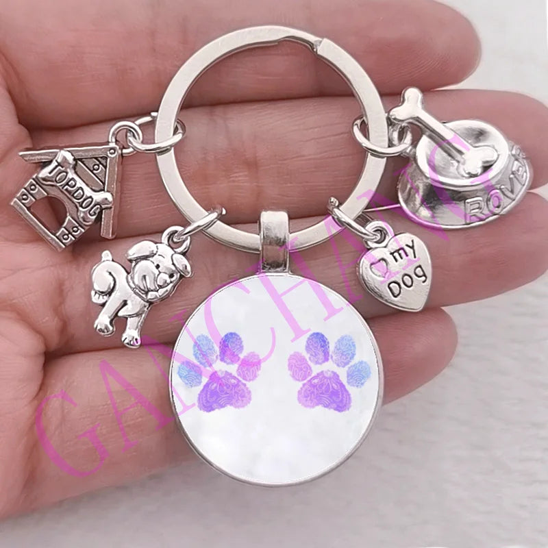 Cute Pet Dog Keychain Paw Dog Glass Cabochon KeyRing Top dog house Charms Keychains I Love my dog pendant keychain Gifts