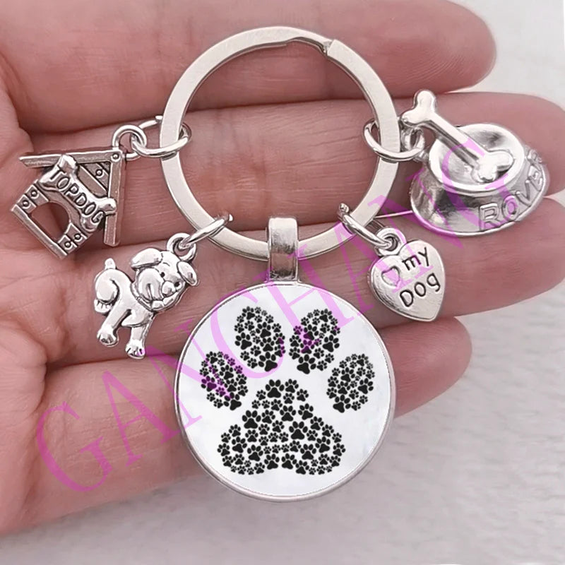 Cute Pet Dog Keychain Paw Dog Glass Cabochon KeyRing Top dog house Charms Keychains I Love my dog pendant keychain Gifts