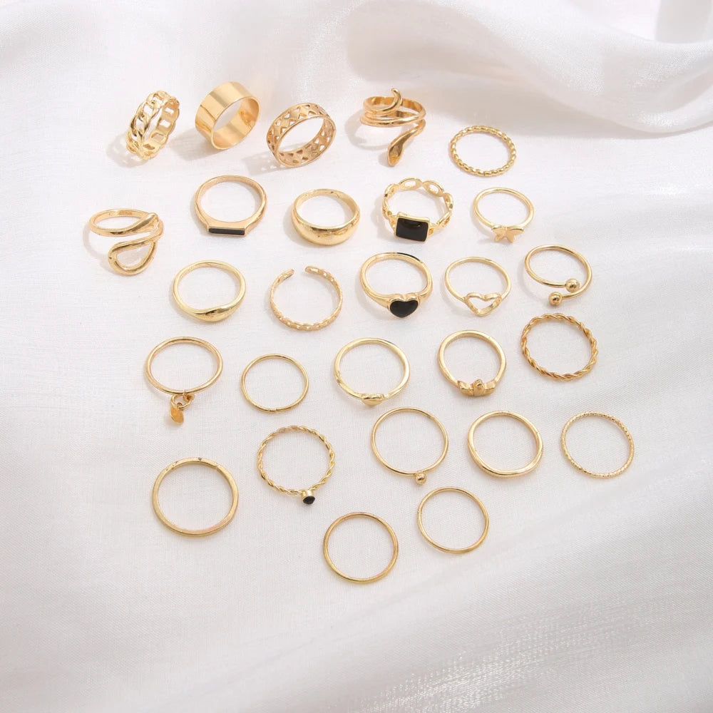 Maximum 27PCS Vintage Heart Snake Butterfly Rings Set for Women Metal Gold Plated Geometric Hollow Finger Ring Jewelry Gift New