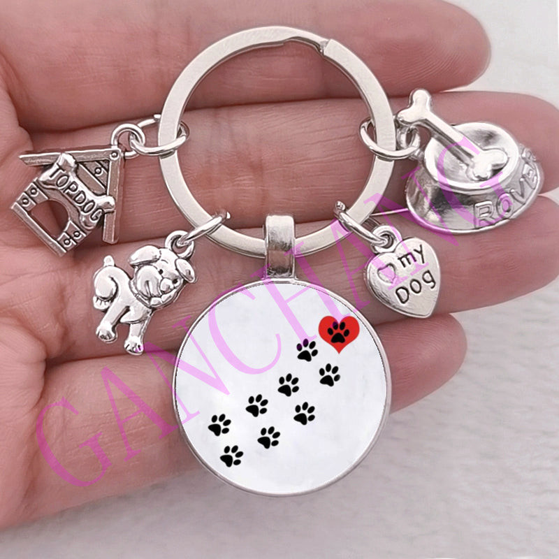Cute Pet Dog Keychain Paw Dog Glass Cabochon KeyRing Top dog house Charms Keychains I Love my dog pendant keychain Gifts