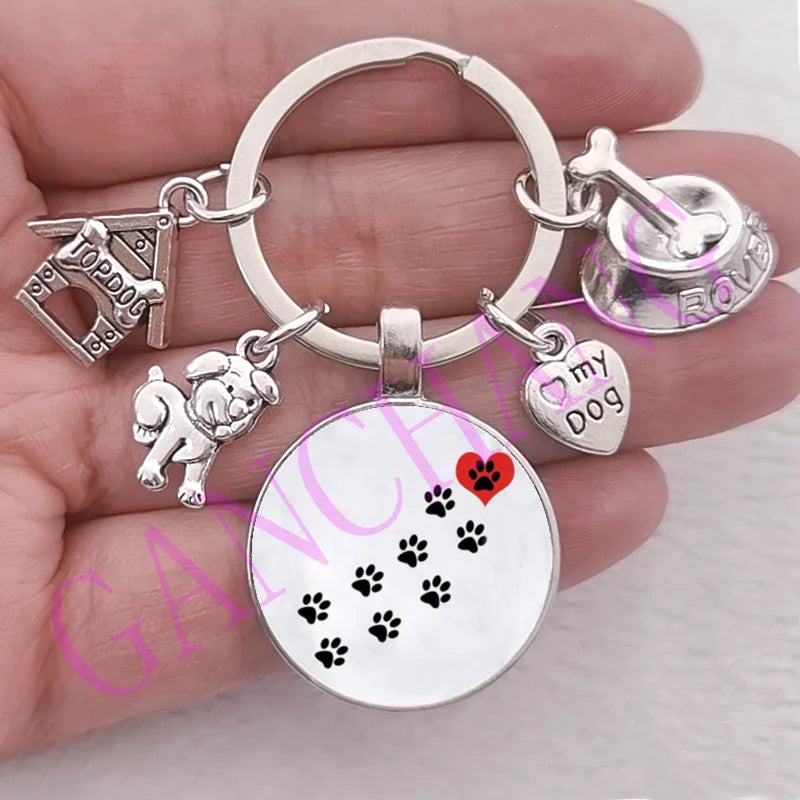 Cute Pet Dog Keychain Paw Dog Glass Cabochon KeyRing Top dog house Charms Keychains I Love my dog pendant keychain Gifts