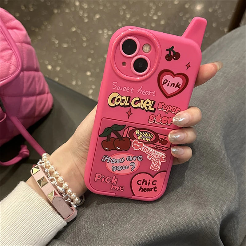 Ins Korean Retro Y2k Cherry Heart 3D Pink Make Up Mirror Case For iPhone 16 15 14 13 12 11 Pro Max Plain Shockproof Soft Cover