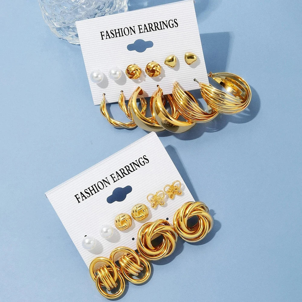 12 Piece Set Women Fashion Personality Versatile Simple Retro Gold Butterfly Love Heart Earrings Inlaid Pearl Earrings