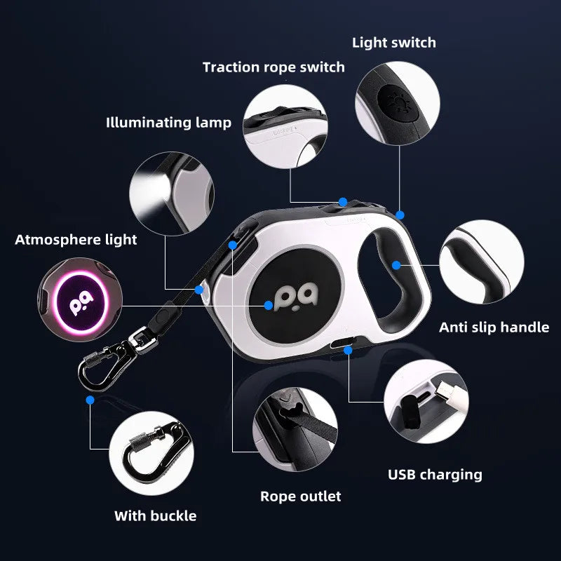 5M Automatic Retractable Dog Leash LED Luminous Leading Light Straps For Small Medium Dogs Puppy Pet Flexi Walking Running Lead