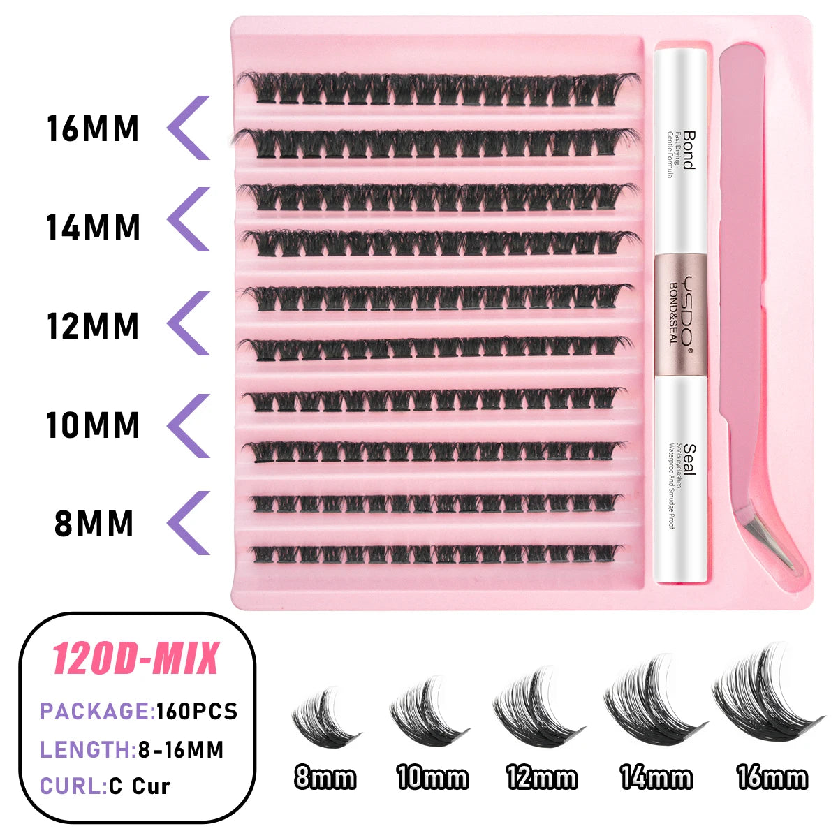 Individual Lashes C/D Curl DIY False Eyelashes Makeup Lash Clusters Set Eyelash Extension Kit Lashes Bond and Seal Make Up Tool
