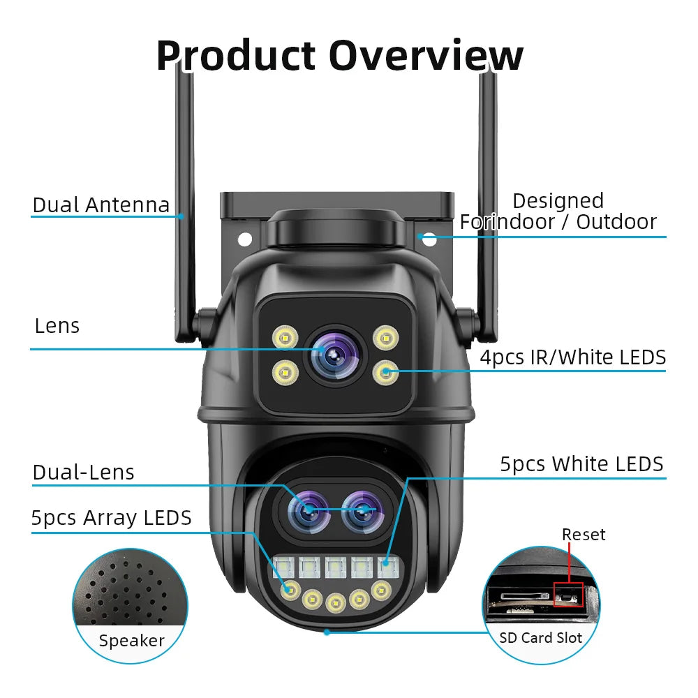 9MP 5K HD WiFi IP Camera Outdoor 8x Zoom Three Lens Dual Screen PTZ Camera Auto Tracking Home Security CCTV Surveillance 4MP Cam