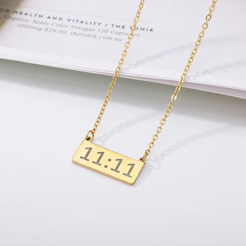 11:11 Rectangle Pendant Necklace for Women Chain Lucky Meaningful Angel Number 1111 Choker Stainless Steel Jewerly Collares